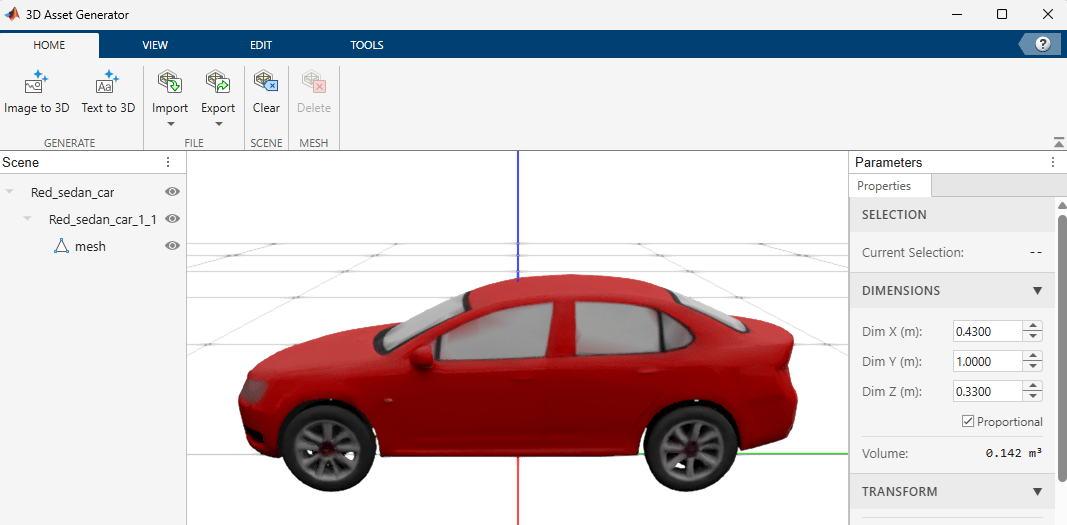 Asset Generator app showing imported red sedan car mesh in 3D canvas with mesh hierarchy in Mesh panel.