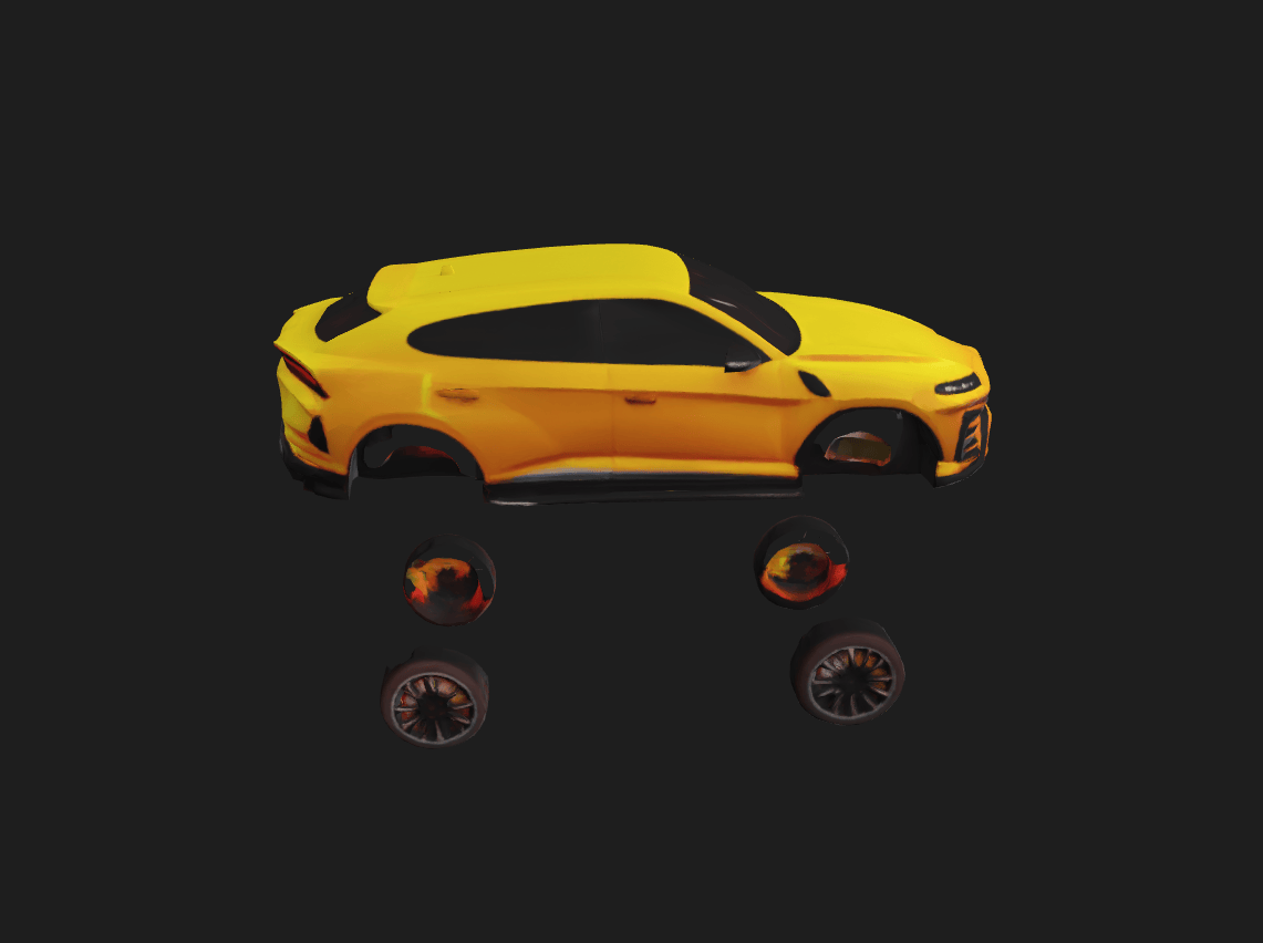Vehicle scene with segmented wheels shown in exploded view