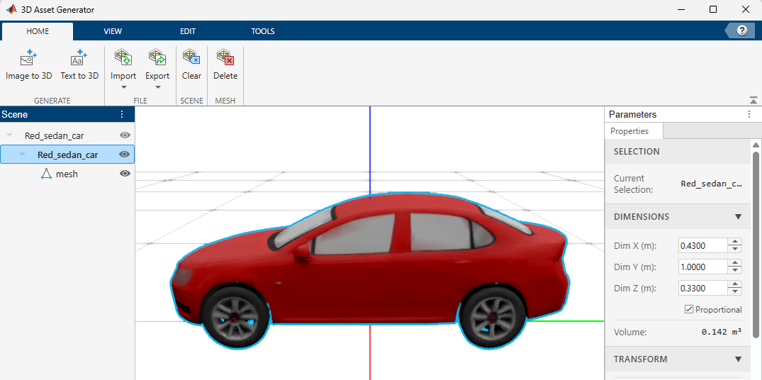 Asset Generator app showing imported red sedan car mesh in 3D canvas with mesh hierarchy in Mesh panel.