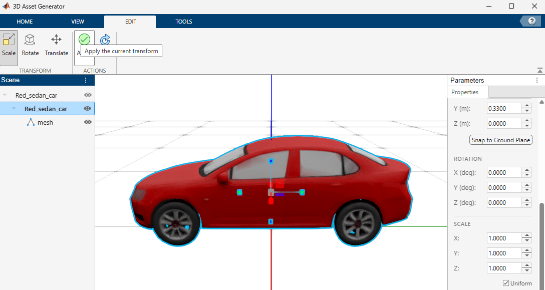 Asset Generator app with scale handles visible on car mesh.