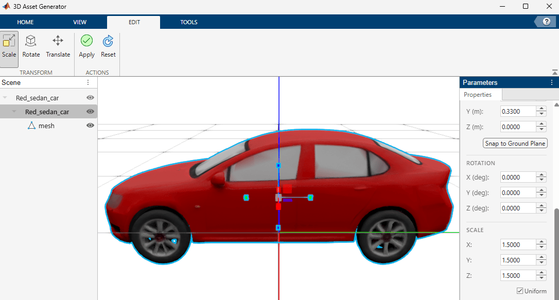 Asset Generator app with scale handles visible on car mesh and scaled 1.5 times with Uniform option enabled.