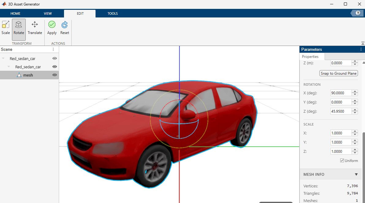 Asset Generator app with rotation rings visible on rotated car mesh.