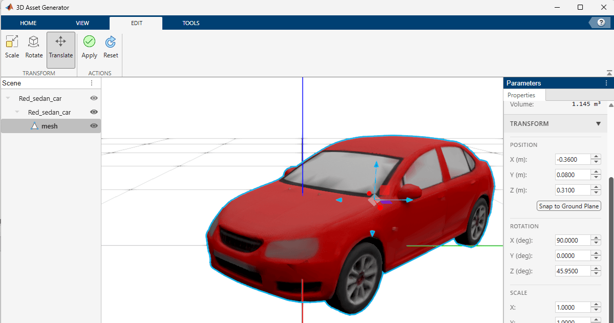 Asset Generator app with translation arrows visible on translated car mesh