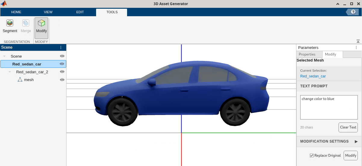 Modifying color of the car to blue by using the Modify option in the Tools tab.
