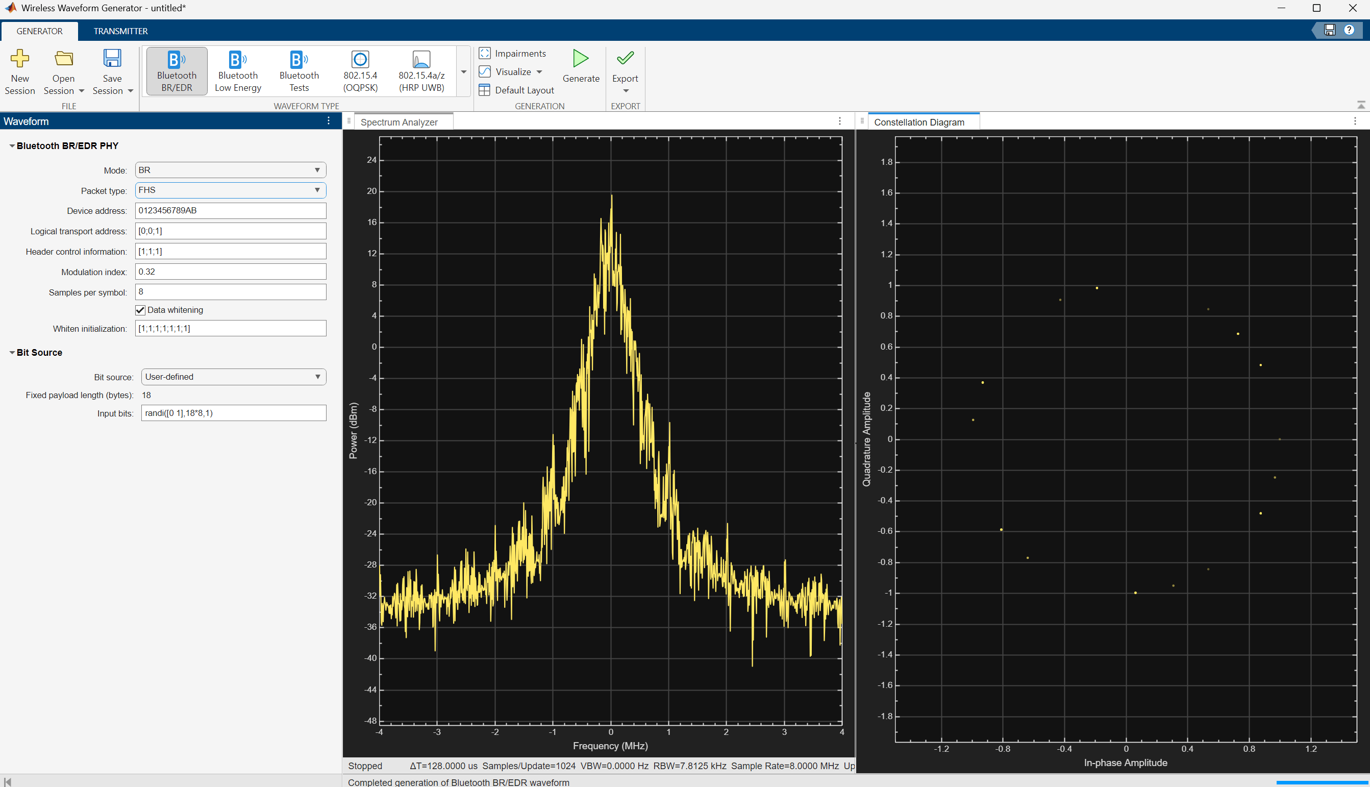 Screenshot of the MATLAB Wireless Waveform Generator app configured for Bluetooth BR/EDR PHY, showing waveform parameters on the left and visualizations on the right, including a spectrum analyzer plot of the BR signal and a constellation diagram displaying in-phase and quadrature symbol points.