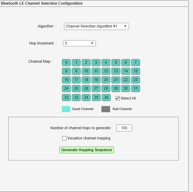 Figure Bluetooth LE Channel Selection Algorithm Analyzer contains an object of type uipanel.