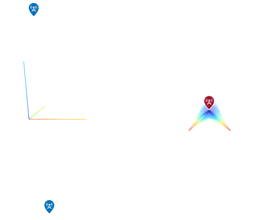 Siteviewer plot showing transmit antenna electronically steered to point a beam peak at the second receiver but not at the first receiver.