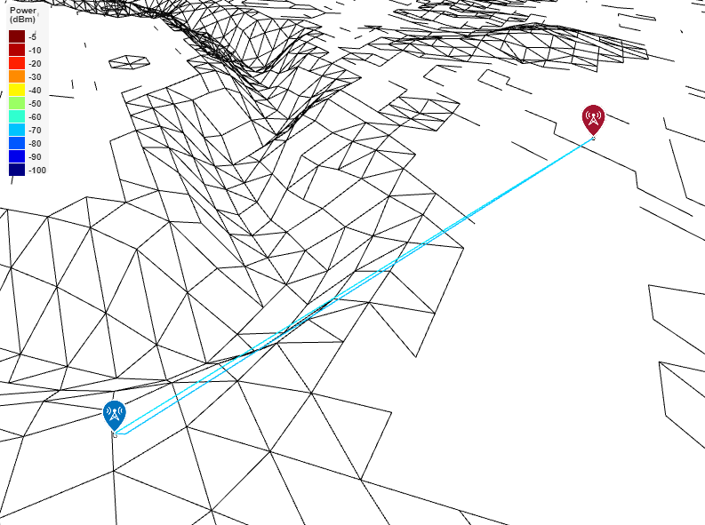 Transmitter and receiver sites plotted over lunar terrain. Two propagation paths connect the sites, indicating a received power of approximately -60 dBm.