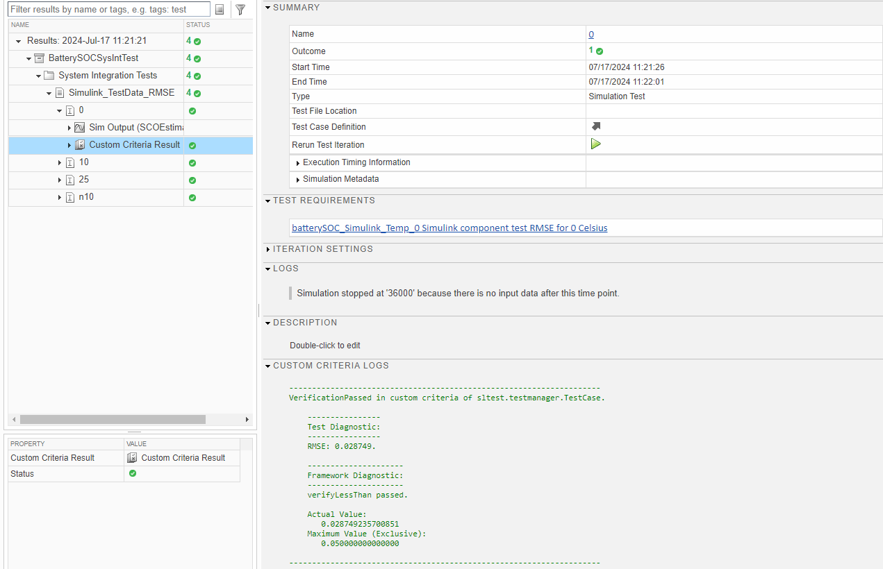 Test report view showing a passed Simulink test case for the four battery state of charge temperature test cases.