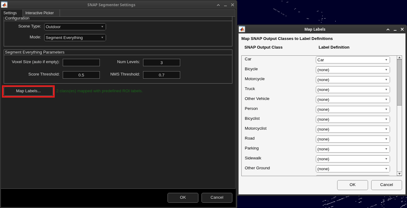 SNAP Segmenter Settings dialog configured for Segment Everything mode with Map Labels dialog mapping SNAP output classes to label definitions