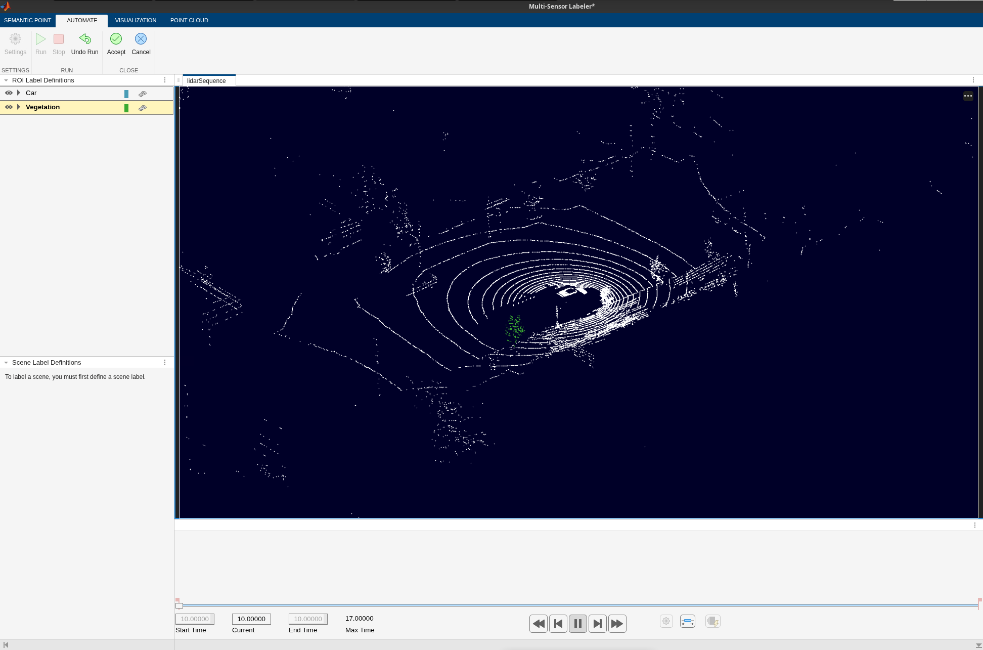 Multi-Sensor Labeler showing segmented point cloud with highlighted objects after running interactive mode