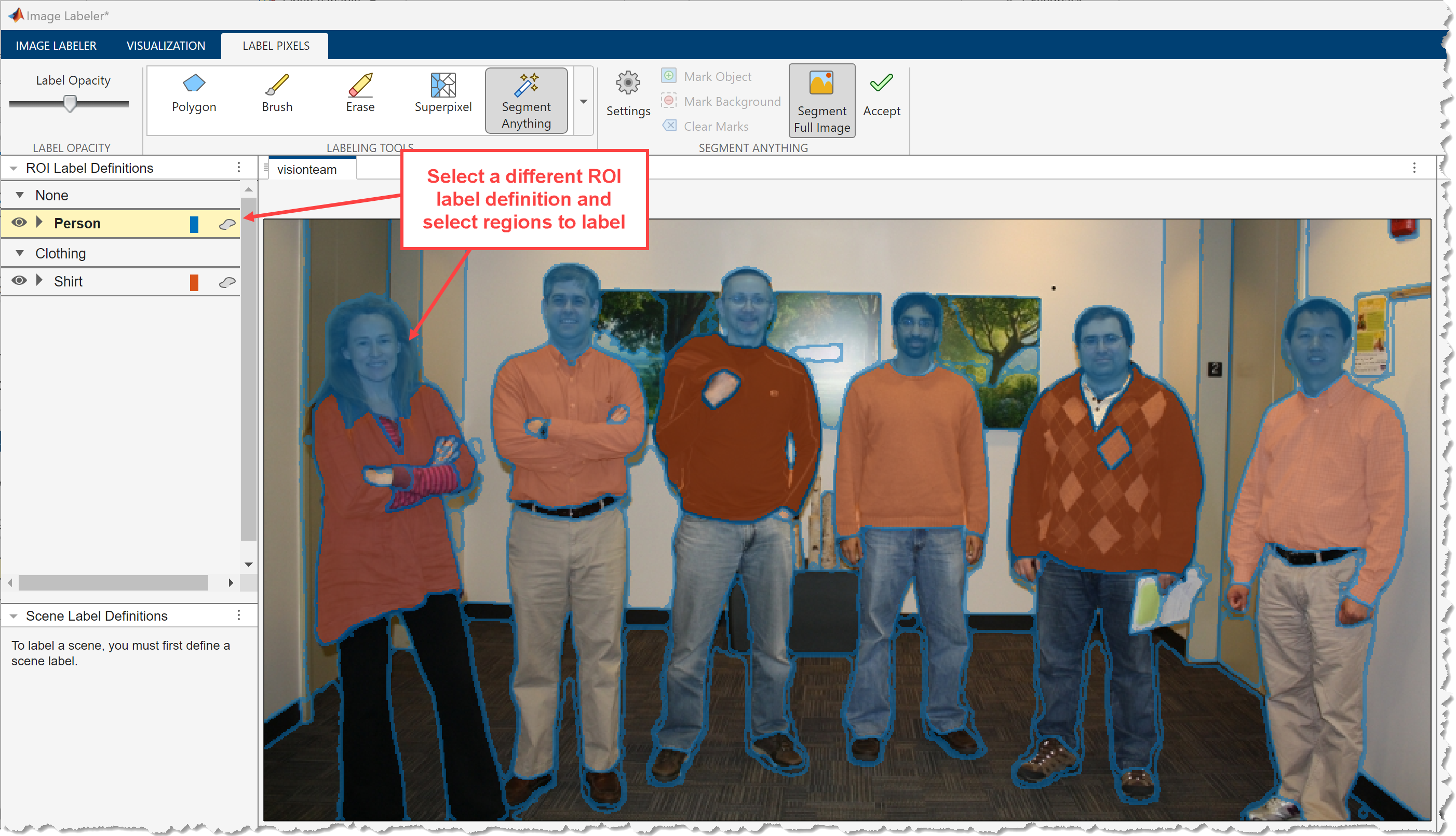 While Segment Full Image is selected, select the ROI label definition "Person" and click on people's heads to label them with this ROI label.
