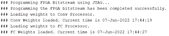 Command window output showing successful FPGA bitstream programming and weight loading for Conv and FC processors