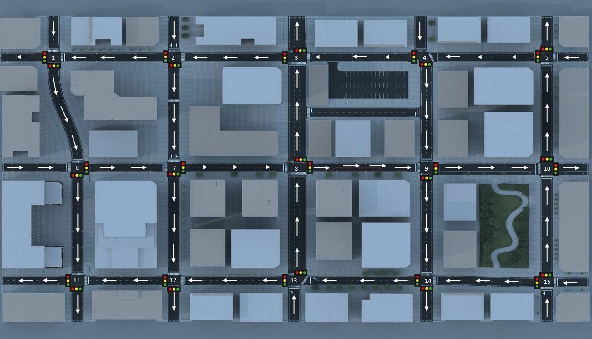 Top-down view of a city grid with multiple intersections, traffic lights, and directional arrows indicating one-way streets.