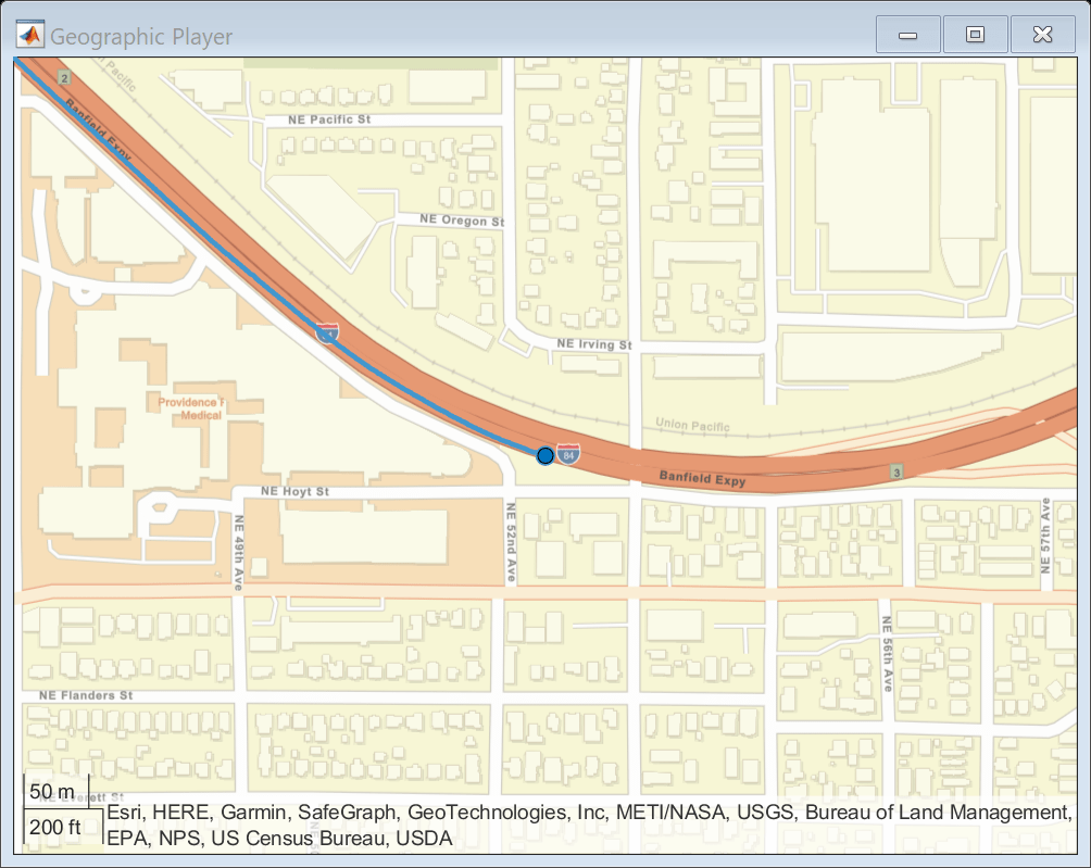 Figure Geographic Player contains an axes object with type geoaxes. The geoaxes object contains 4 objects of type line, scatter, text.