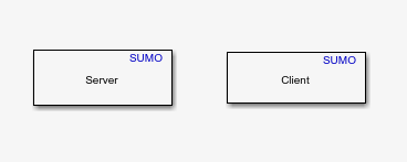Simulink model with a Server and a Client block.