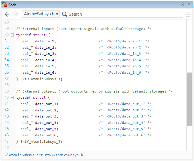 Code pane showing part of the header file AtomicSubsys.h.
