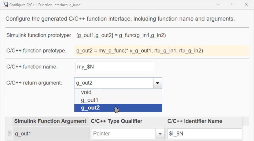 Configure C/C++ Function Interface: g_func dialog box. The selected C/C++ return argument is g_out2. The identifier of g_out1 is $I_$N. C/C++ function prototype is highlighted with the value g_out2 = my_g_func(*y_g_out1, rtu_g_in1, rtu_g_in2).