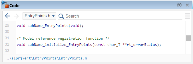 Code pane showing the declaration of the functions subName_EntryPoints and subName_initialize_EntryPoints in the header file EntryPoints.h.