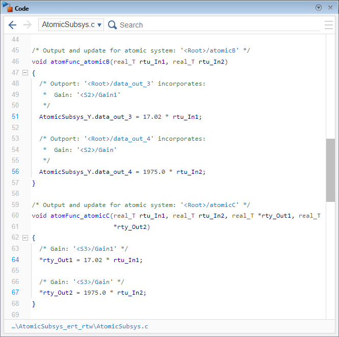 Code pane showing part of the source code file AtomicSubsys.c.