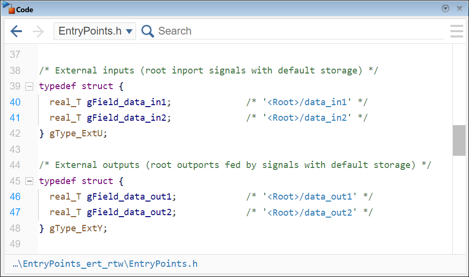 Code pane showing the definition of two structure types, gType_ExtU and gType_ExtY, in the generated header file EntryPoints.h. Comments state that gType_ExtU is for external inputs and gType_ExtY is for external outputs. Each structure type has two fields of datatype real_T. The fields of gType_ExtU are gField_data_in1 and gField_data_in2, and the fields of gType_ExtY are gField_data_out1 and gField_data_out2.