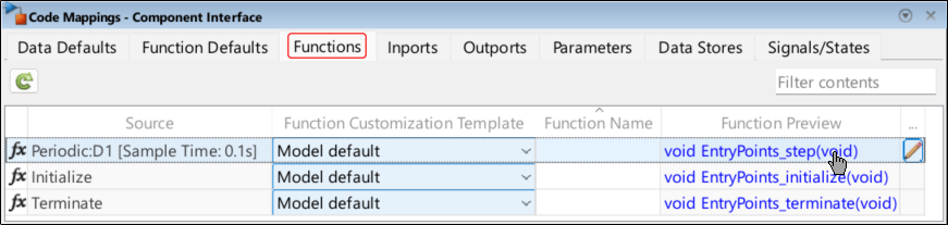 Code Mappings editor open with the Functions tab selected. In the Source column, the entry Periodic:D1 is highlighted, and the mouse cursor is clicking the Function Preview content of that entry.