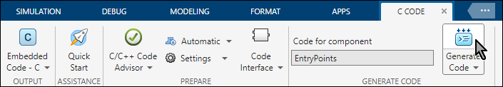 Simulink Toolstrip with the C Code tab selected. The arrow cursor is clicking the Generate Code button.