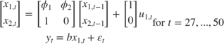$$\begin{array}{l}
\left[ {\begin{array}{*{20}{c}}
{{x_{1,t}}}\\
{{x_{2,t}}}
\end{array}} \right] = \left[ {\begin{array}{*{20}{c}}
{{\phi _1}}&{{\phi _2}}\\
1&0
\end{array}} \right]\left[ {\begin{array}{*{20}{c}}
{{x_{1,t - 1}}}\\
{{x_{2,t - 1}}}
\end{array}} \right] + \left[ {\begin{array}{*{20}{c}}
1\\
0
\end{array}} \right]{u_{1,t}}\\
{y_t} = b{x_{1,t}} + {\varepsilon _t}
\end{array}{\rm for\;}t = 27,...,50$$