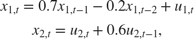 $$\begin{array}{l}
{x_{1,t}} = 0.7{x_{1,t - 1}} - 0.2{x_{1,t - 2}} + {u_{1,t}}\\
{x_{2,t}} = {u_{2,t}} + 0.6{u_{2,t - 1}},
\end{array}$$