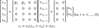 $$\begin{array}{c}
\left[ {\begin{array}{*{20}{c}}
{{x_{1t}}}\\
{{x_{2t}}}\\
{{x_{3t}}}\\
{{x_{4t}}}
\end{array}} \right] = \left[ {\begin{array}{*{20}{c}}
{{\phi _1}}&{{\phi _2}}&0&0\\
1&0&0&0\\
0&0&0&\theta \\
0&0&0&0
\end{array}} \right]\left[ {\begin{array}{*{20}{c}}
{{x_{1,t - 1}}}\\
{{x_{2,t - 1}}}\\
{{x_{3,t - 1}}}\\
{{x_{4,t - 1}}}
\end{array}} \right] + \left[ {\begin{array}{*{20}{c}}
{{\sigma _1}}&0\\
0&0\\
0&1\\
0&1
\end{array}} \right]\left[ {\begin{array}{*{20}{c}}
{{u_{1t}}}\\
{{u_{2t}}}
\end{array}} \right]\\
{y_t} = {a_1}\left( {{x_{1t}} + {x_{3t}}} \right) + {\sigma _2}{\varepsilon _t}.
\end{array}{\rm for\;}t = 1,...,10,$$