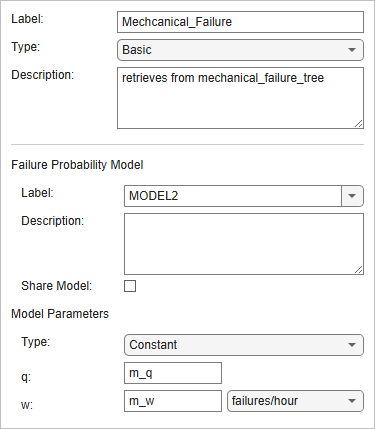 Properties pane for the Mechcanical_Failure basic event showing the Failure Probability Model section. The model label is MODEL2, type is Constant, and the q and w parameters are assigned to workspace variables m_q and m_w, respectively.