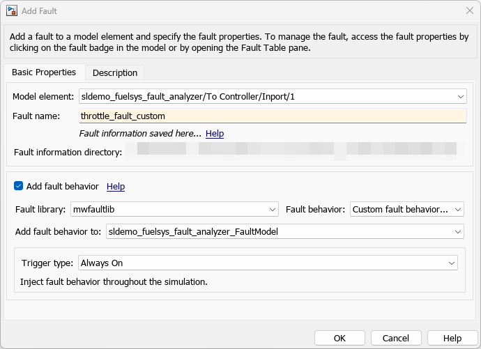 The Add Fault window after selecting the throttle signal and adding a fault. The Fault name property says throttle_fault_custom and is yellow, indicating that this field is modified. The Fault Behavior property is set to Custom fault behavior.