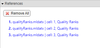 The references in the second cell in the derived column. The cell has three references. They reference the qualityRanks spreadsheet. The references include the referenced cells. Each referenced cell displays their corresponding row index and column label.