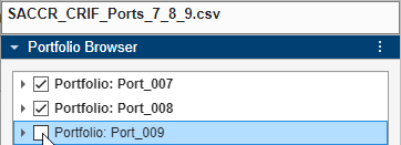 Portfolio Browser pane of SA-CCR Analyzer app with Portfolio Port_009 deselected