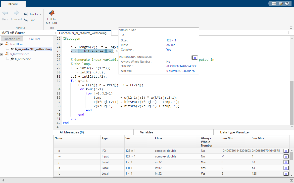 The Instrumentation Report Viewer displays the generated code. The variable x is highlighted and displays details about the variable including the simulation minimum and maximum.