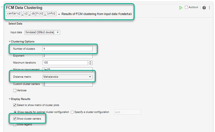 At the top of the task, the output argument names are changed. Under Clustering Options, Number of clusters is set to 4, the Distance metric value is Mahalanobis, and the Show cluster centers parameter is selected.