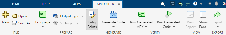 GPU Coder tab of the MATLAB toolstrip