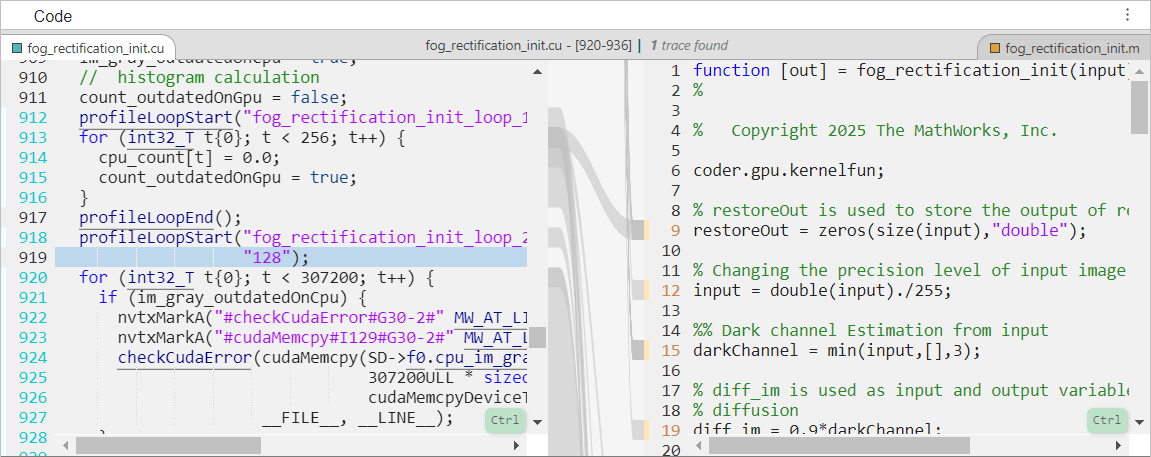 Code pane showing the loop at line 920 of fog_rectification_init.cu