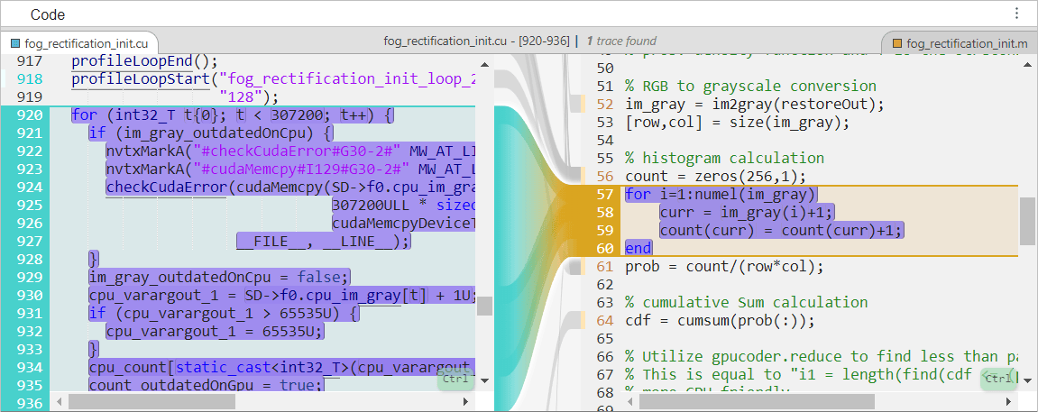 Code pane highlighting the traced MATLAB code in lines 57 through 60 of fog_rectification_init.m