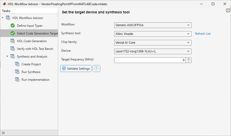 Select Code Generation Target task with Workflow set to Generic ASIC/FPGA, Synthesis tool to Xilinx Vivado, Chip family to Versal AI Core