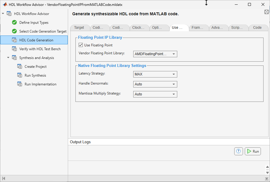 HDL Code Generation task Use Floating Point tab with Use Floating Point selected and Vendor Floating Point Library set to AMDFloatingPoint