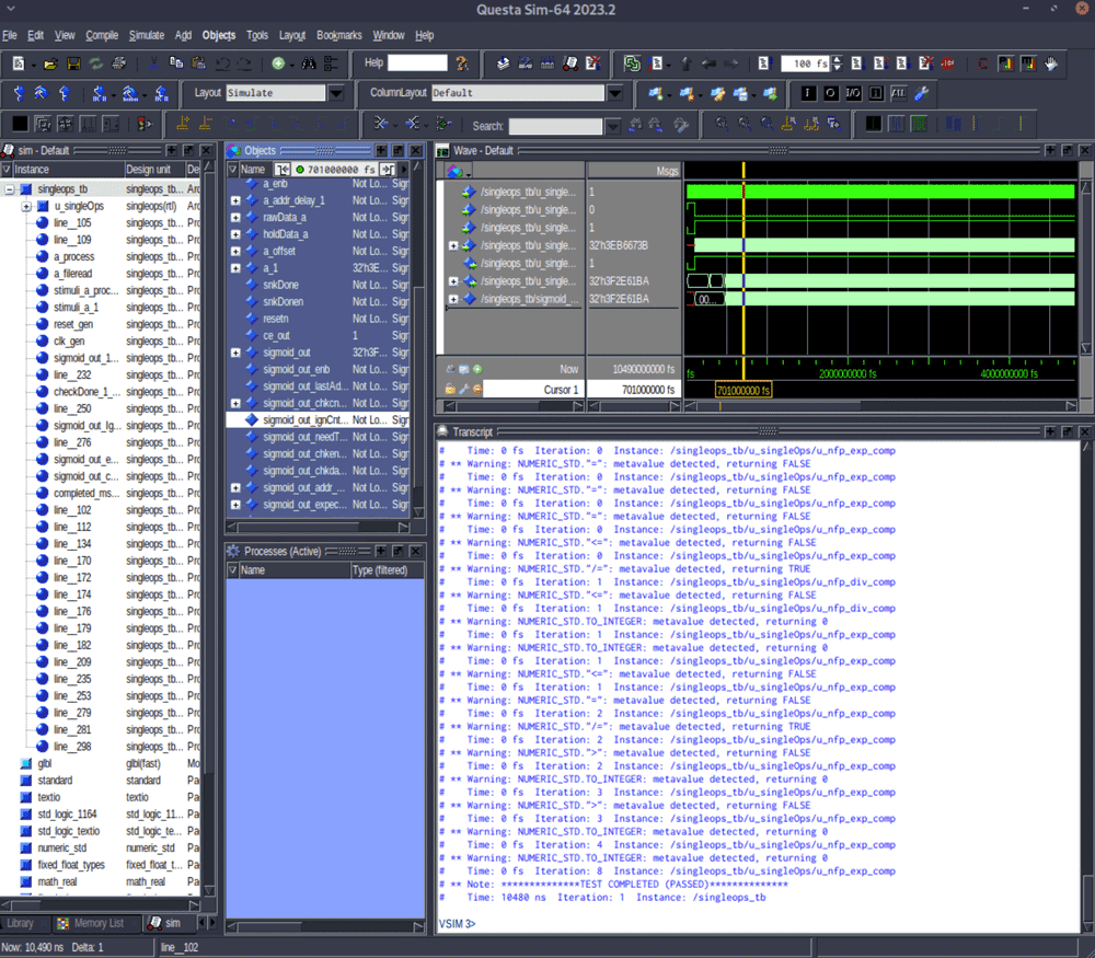 Questa Sim simulation window showing waveform signals, design hierarchy, and transcript with TEST COMPLETED (PASSED) message