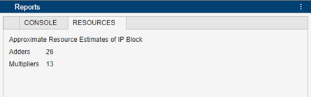Resources tab showing the filter implementation uses 26 adders and 13 multipliers
