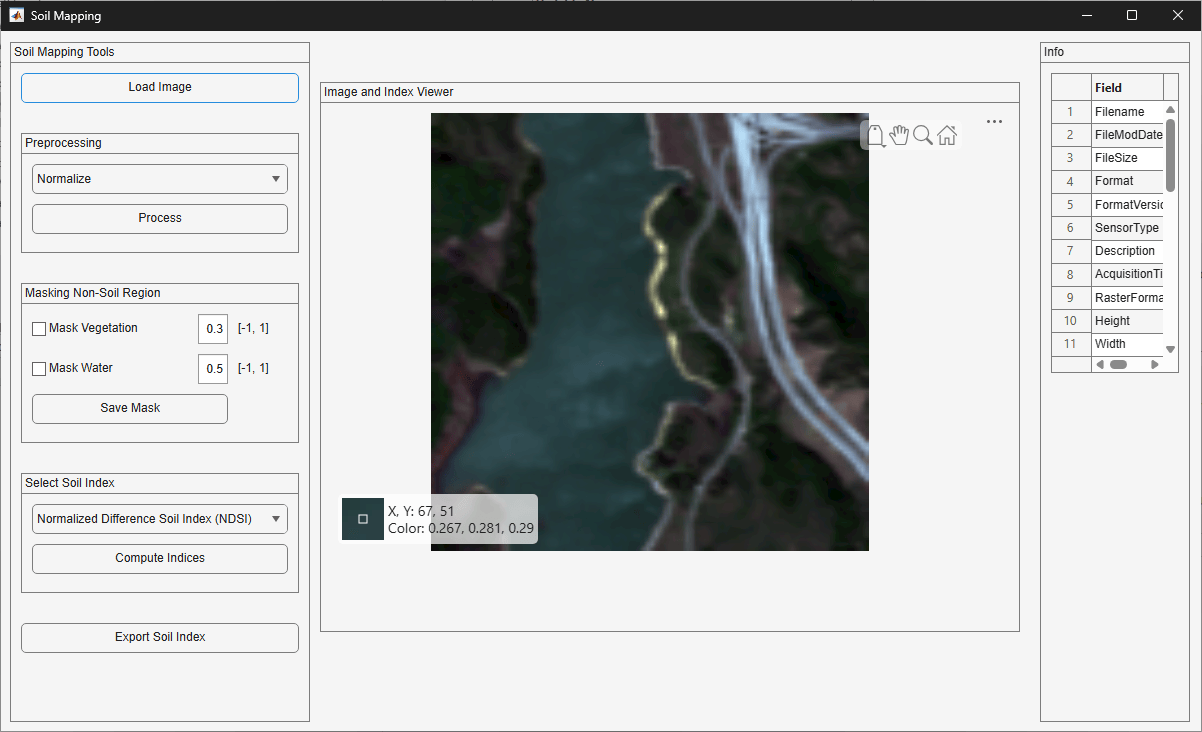 App displaying the RGB composite of the loaded hyperspectral image with metadata in the Info panel.