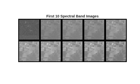 Figure contains an axes object. The hidden axes object with title First 10 Spectral Band Images contains an object of type image.