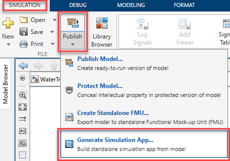 Publish menu on the Simulation tab with Generate Simulation App option highlighted