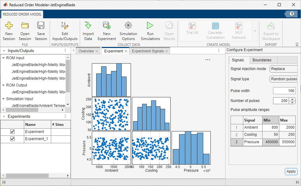Experiment tab in the Reduced Order Modeler app.