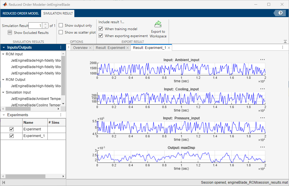 Reduced Order Modeler app showing the simulation results.