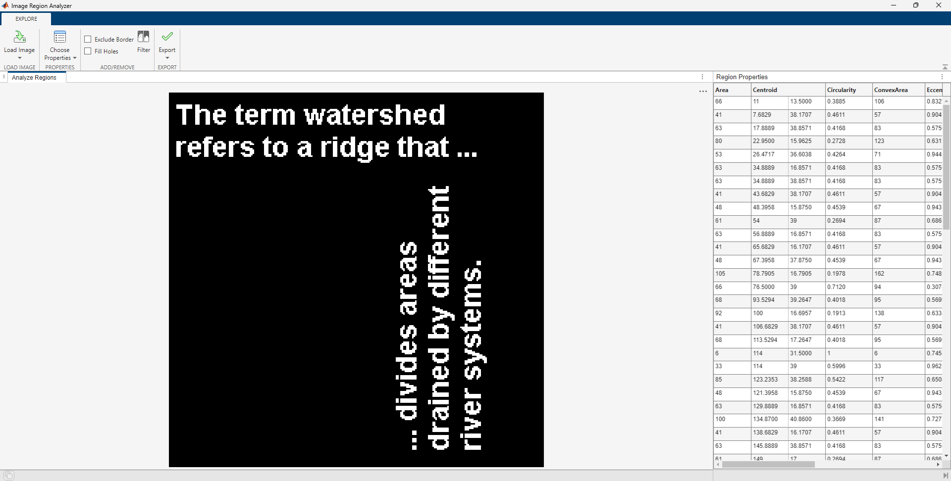 Binary region displayed in the Analyze Regions tab on the right, and a table with region properties on the left.