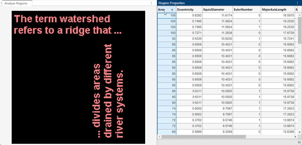 Rows in the table are sorted by area from largest to smallest. The app highlights all regions in the binary image in red.
